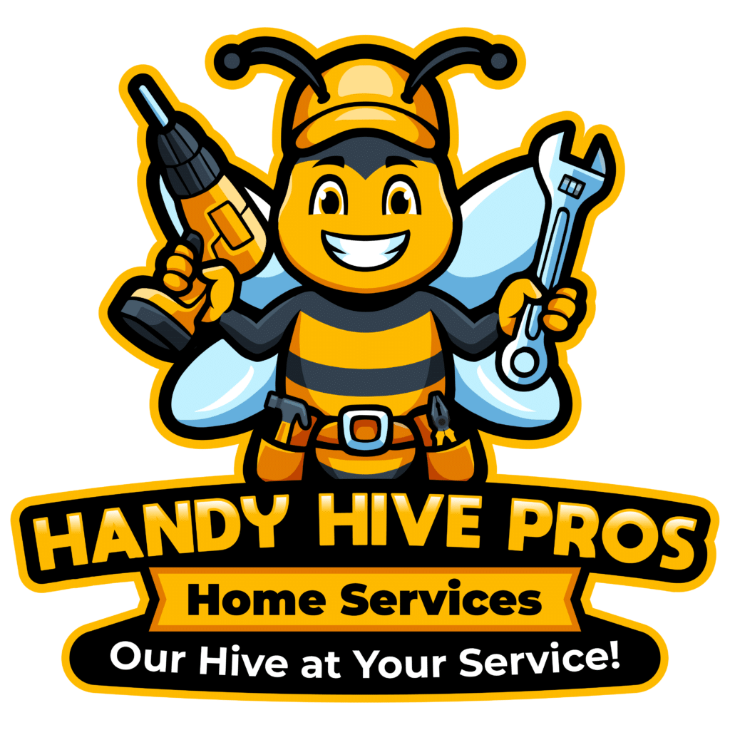 Handy Hive Pros logo featuring a friendly handyman bee mascot holding a power drill and wrench, symbolizing expert handyman services.